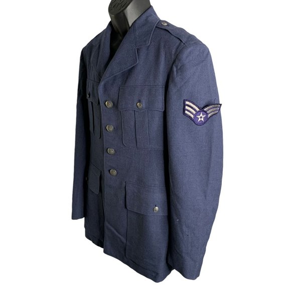 Vintage 50s US Air Force Wool Coat 40L Serge Blue Lined Buttons Pockets Patches - Picture 10 of 16
